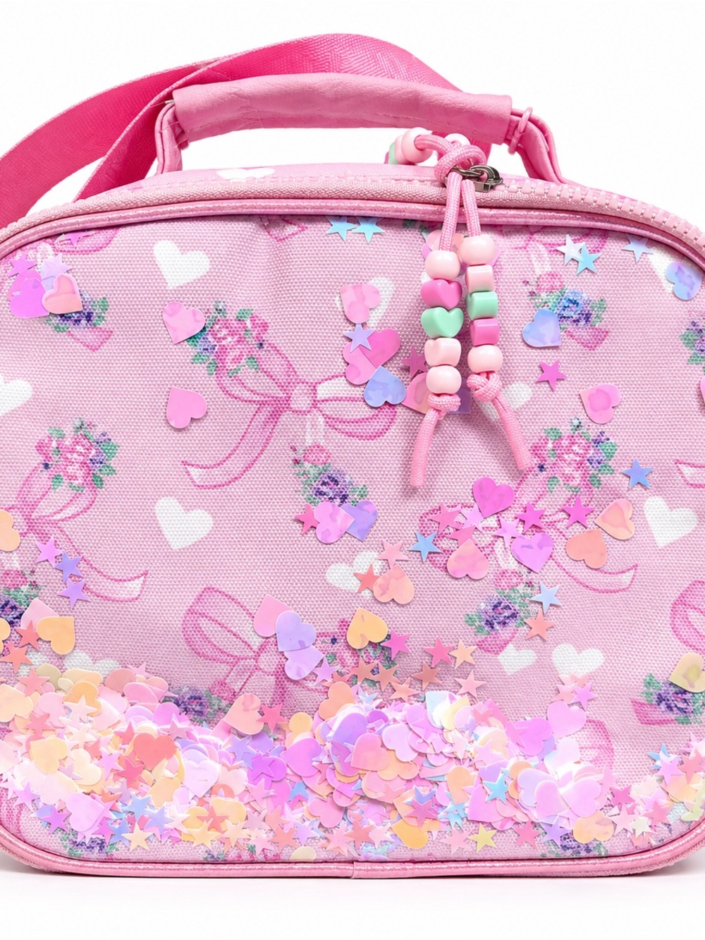 Kids Pink Heart Sequined Lunch Bag with Bead Charm
